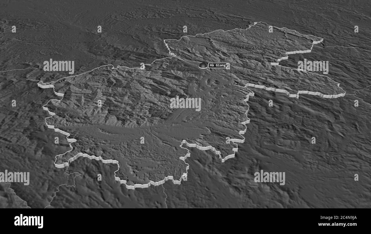 Zoom in auf Hà Giang (Provinz Vietnam) extrudiert. Schräge Perspektive. Karte mit bilevel Höhe mit Oberflächengewässern. 3D-Rendering Stockfoto