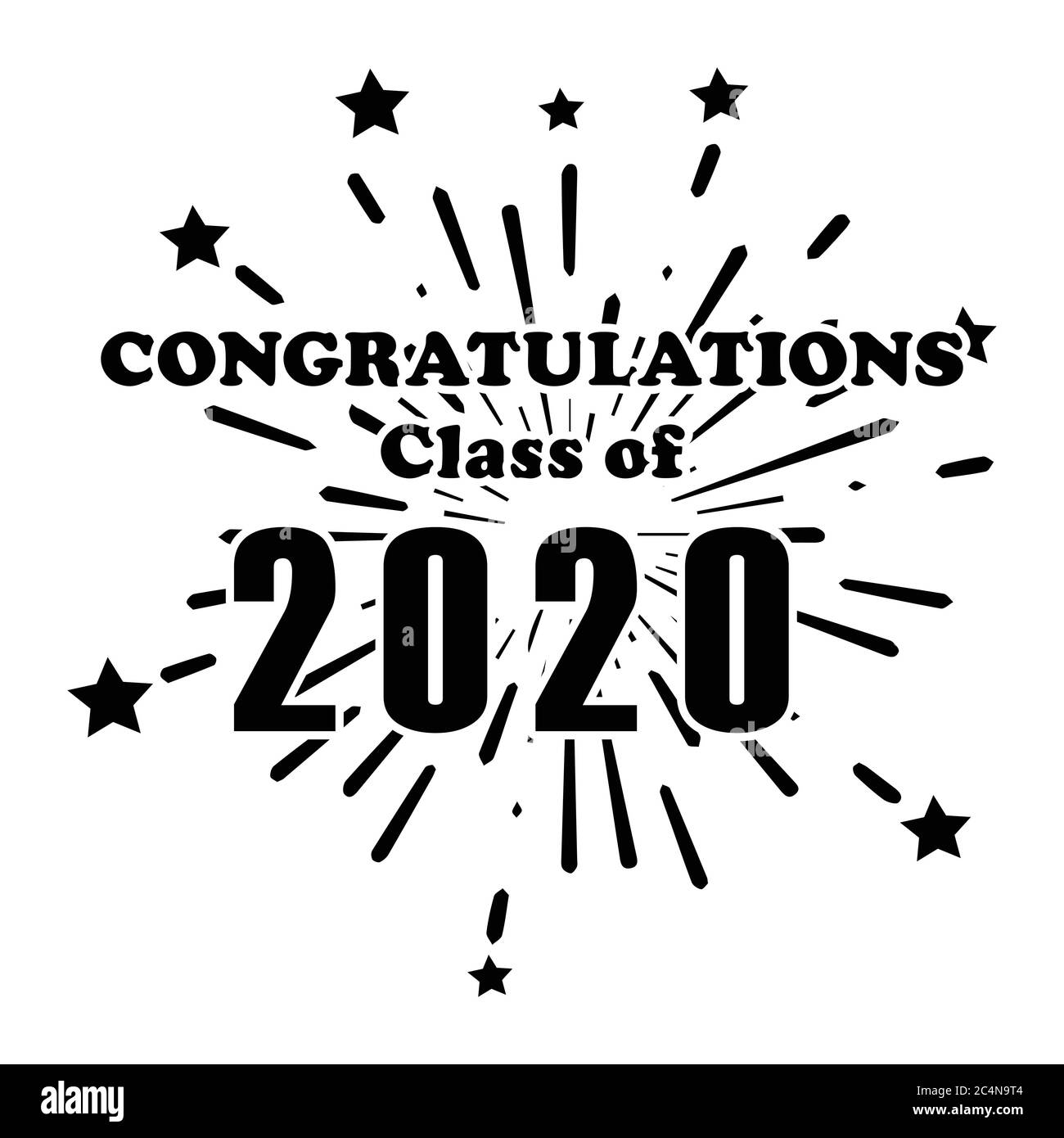 Glückwünsche Klasse von 2020 Feuerwerk Explosion Sterne Grüße Text Wort Symbol. Tag des Beginns Abschluss High School College University Diplom De Stock Vektor