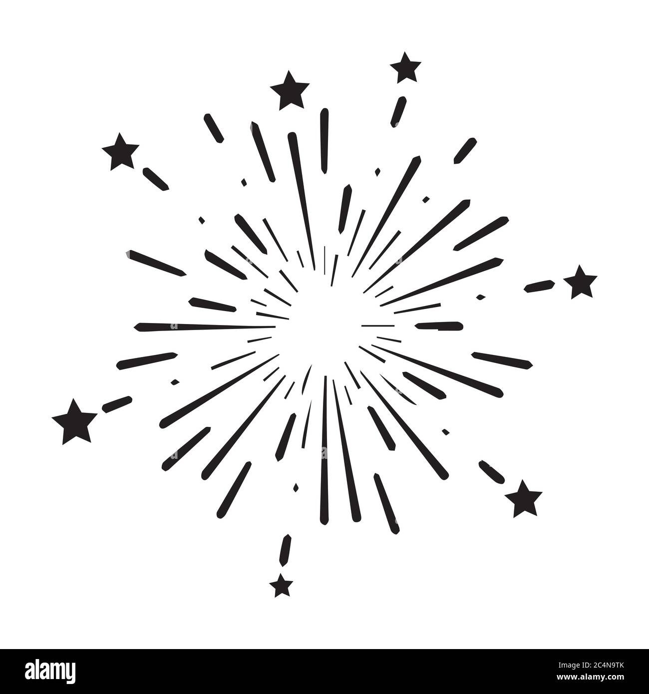 Feuerwerk Explosion Boom Bomb mit Sternen Design. Schwarzes Symbol Abbildung isoliert auf weißem Hintergrund. EPS-Vektor Stock Vektor