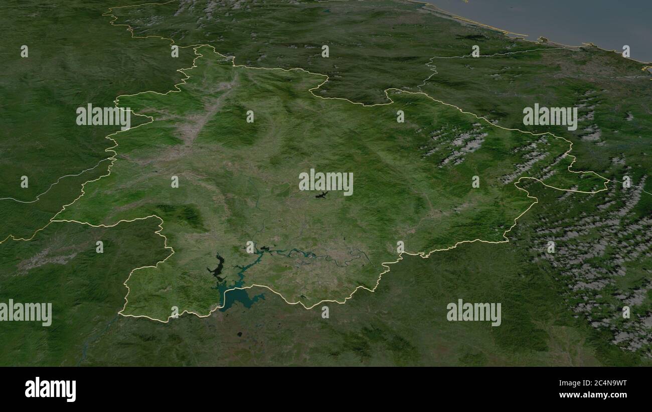 Zoom in auf Kon TUM (Provinz Vietnam) skizziert. Schräge Perspektive.  Satellitenbilder. 3D-Rendering Stockfotografie - Alamy