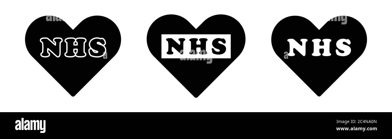 NHS Word Text Schriftzug in Heart Love Shape. Vereinigtes Königreich UK National Health Service Healthcare. Schwarzes Symbol Illustration isoliert auf einem weißen Backgro Stock Vektor