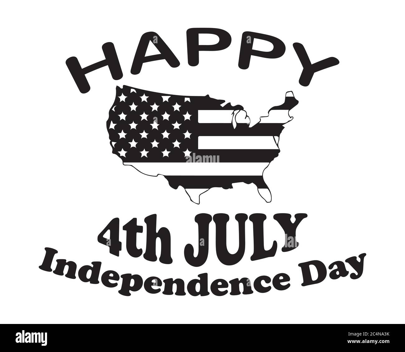 Happy 4. Juli Independence Day Text und amerikanische USA US-Länderkarte mit Star Spangled Banner National Flag verpackt. Schwarzes Poster Illustration Isolat Stock Vektor