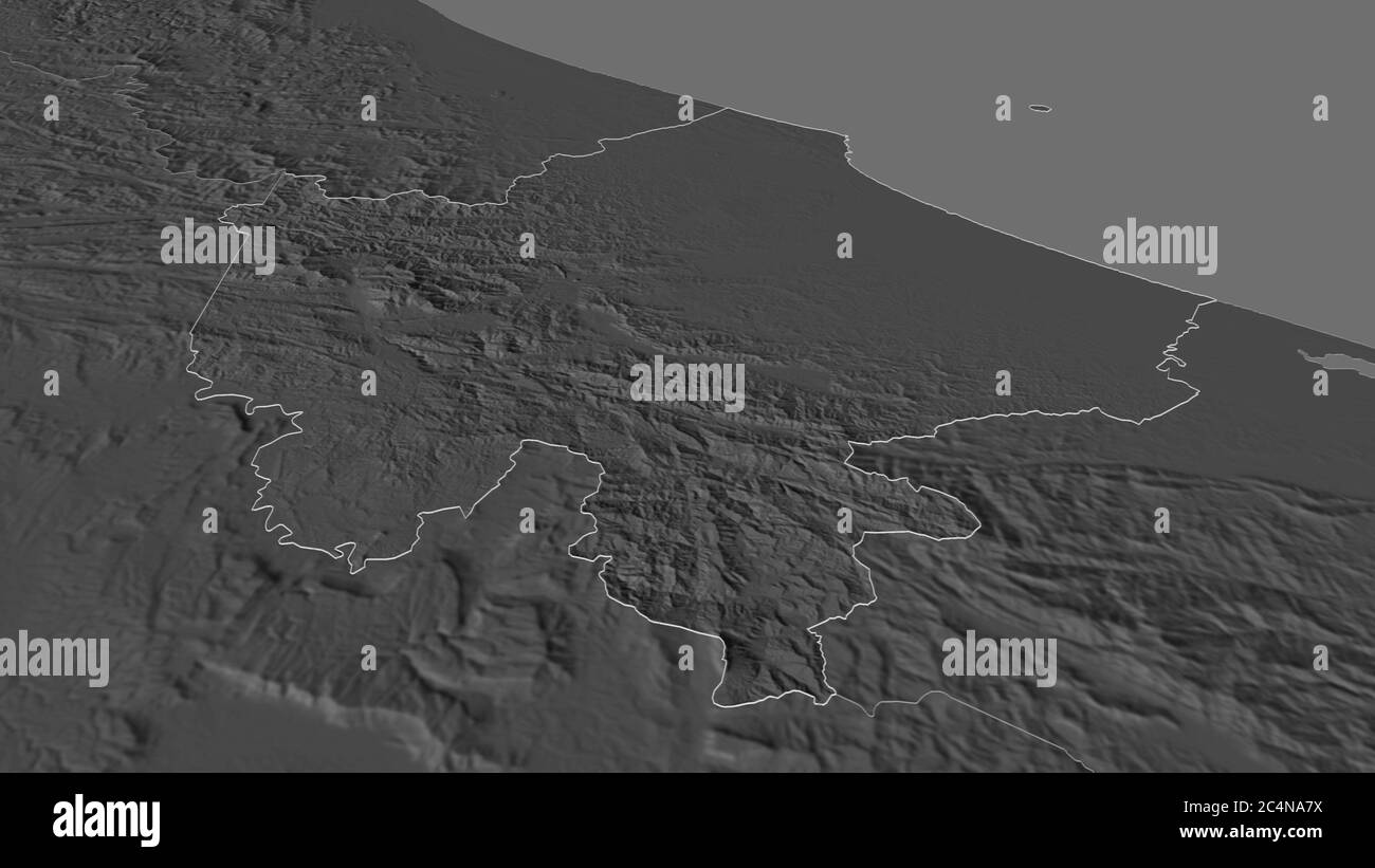 Zoom in auf Quảng Trị (Provinz Vietnam) skizziert. Schräge Perspektive. Karte mit bilevel Höhe mit Oberflächengewässern. 3D-Rendering Stockfoto