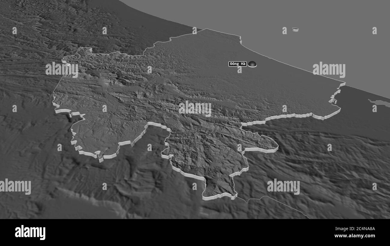Zoom in auf Quảng Trị (Provinz Vietnam) extrudiert. Schräge Perspektive. Karte mit bilevel Höhe mit Oberflächengewässern. 3D-Rendering Stockfoto
