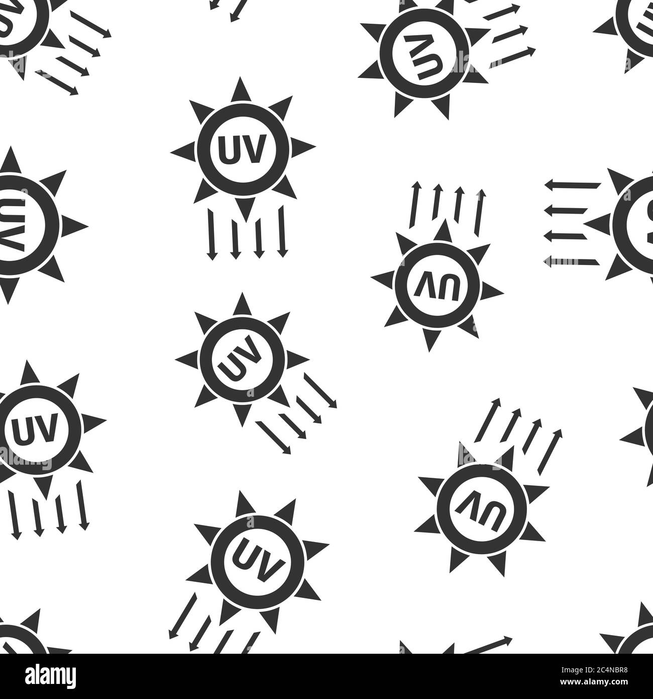 Symbol für UV-Strahlung in flacher Ausführung. Ultraviolette Vektorgrafik auf weißem, isoliertem Hintergrund. Solarer Schutz nahtloses Muster Geschäftskonzept. Stock Vektor