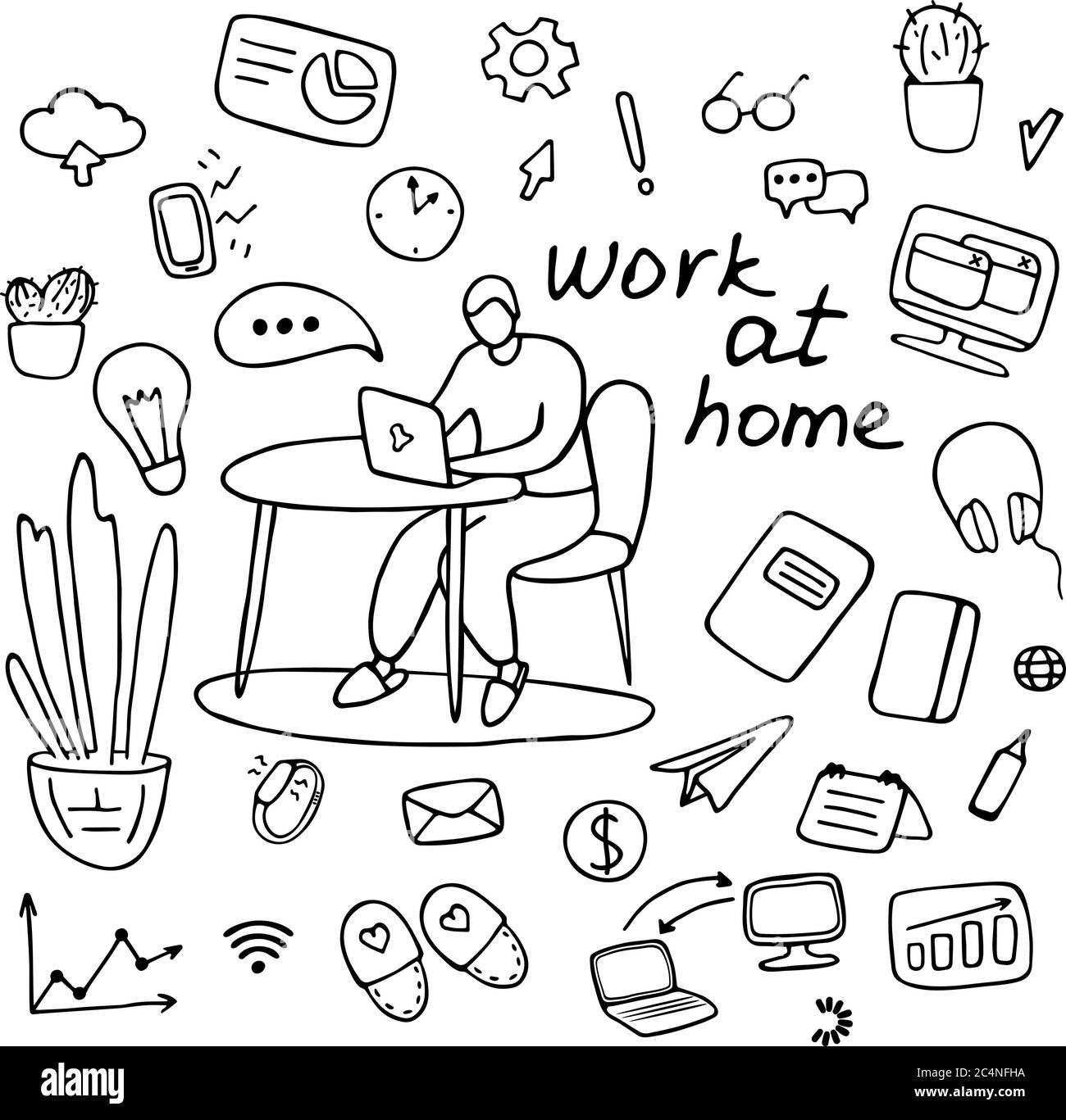 Arbeiten Sie zu Hause. Niedliche handgezeichnete Doodle über Coronavirus, Covid-19, Pandemie, Quarantäne. Ein Mann arbeitet von zu Hause aus, um ein Coronavirus zu vermeiden. Stock Vektor