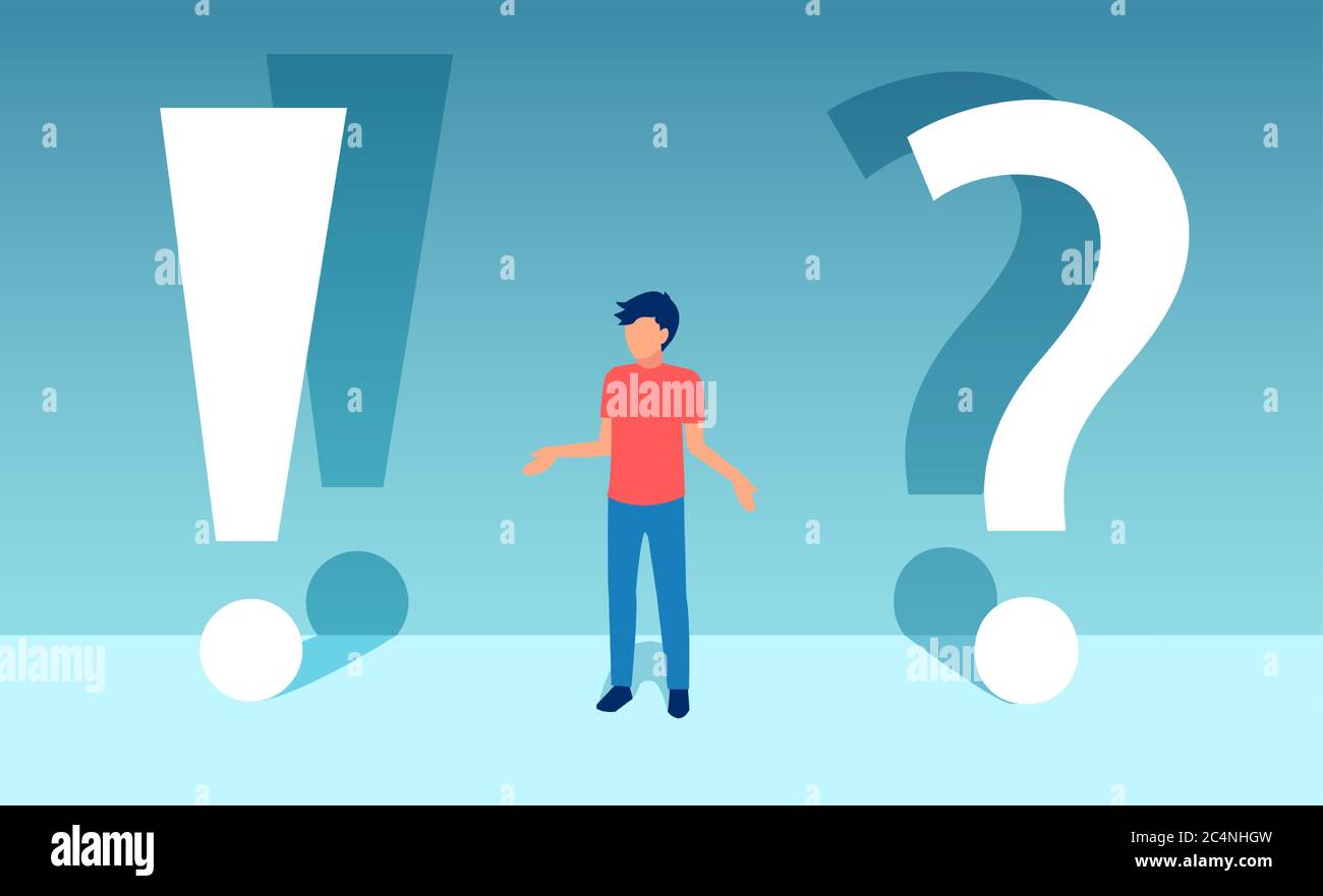 Vektor eines verwirrten jungen Mannes, der neben einer Frage und Ausrufezeichen steht Stock Vektor
