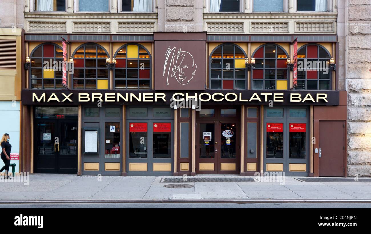 Max Brenner Chocolate Bar, 841 Broadway, New York, NYC Foto von einem Schokoladenladen und Restaurant im Viertel Union Square. Stockfoto