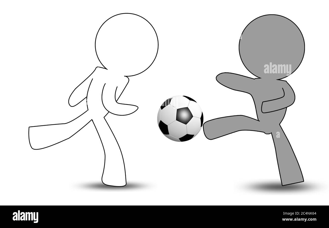 Puppen spielen Fußball isoliert auf weißem Hintergrund, 3D-Rendering Stockfoto