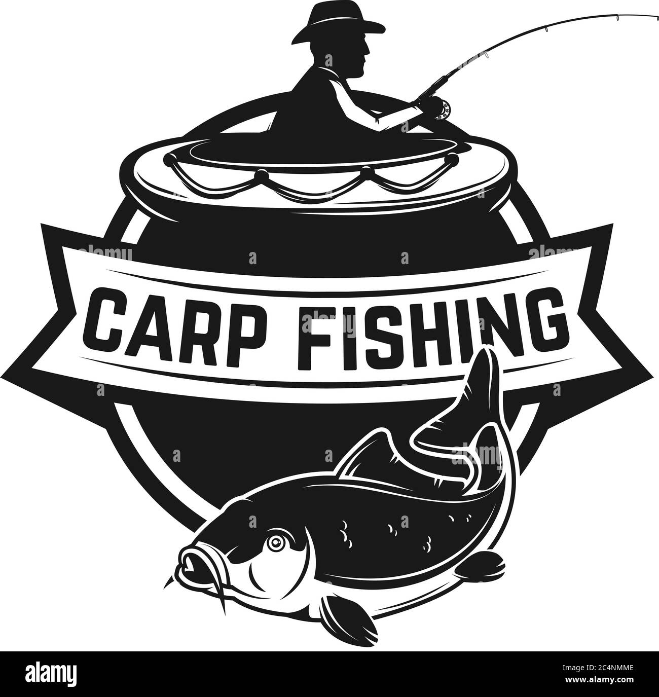 Karpfenfischen Emblem Vorlage Mit Karpfenfisch Und Fischer Auf Dem Boot Gestaltungselement Fur Logo Etikett Schild Plakat Vektorgrafik Stock Vektorgrafik Alamy
