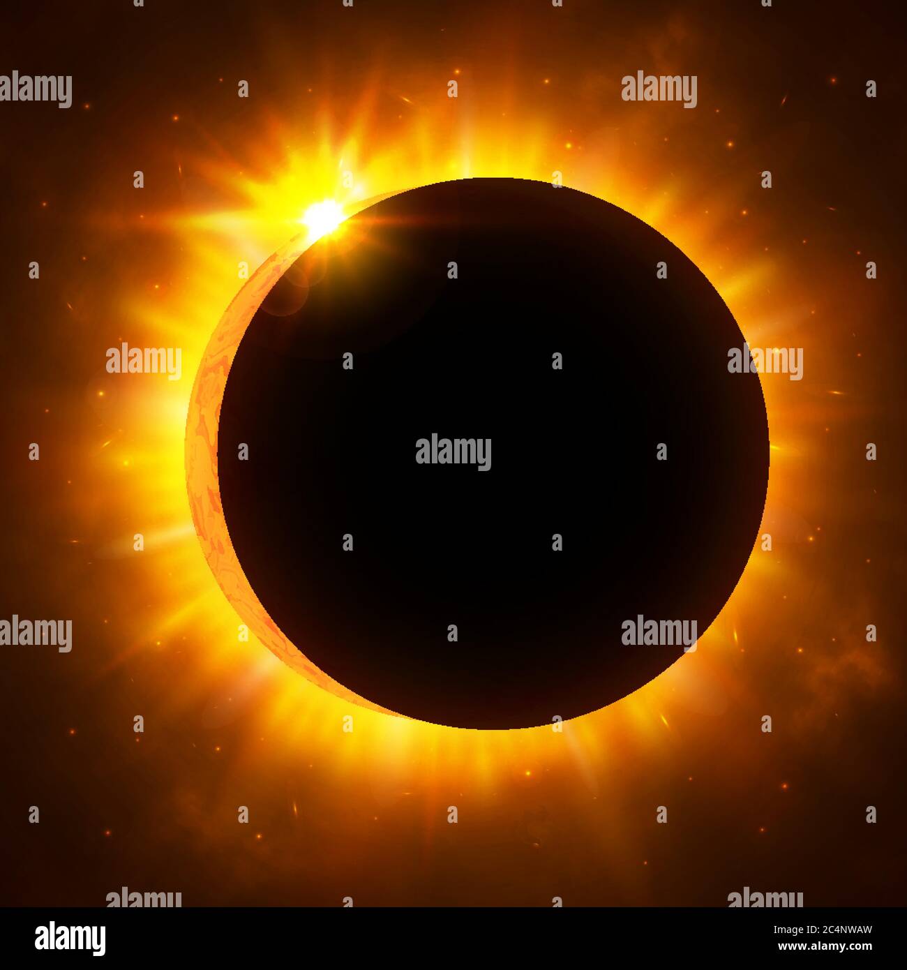 Sonnenfinsternis mit Korona. Sonnenfinsternis. Leuchtend rotes Sternenlicht erstrahlt an den Rändern eines Planeten. Leerraum Hintergrund. Vektorgrafik. Stock Vektor