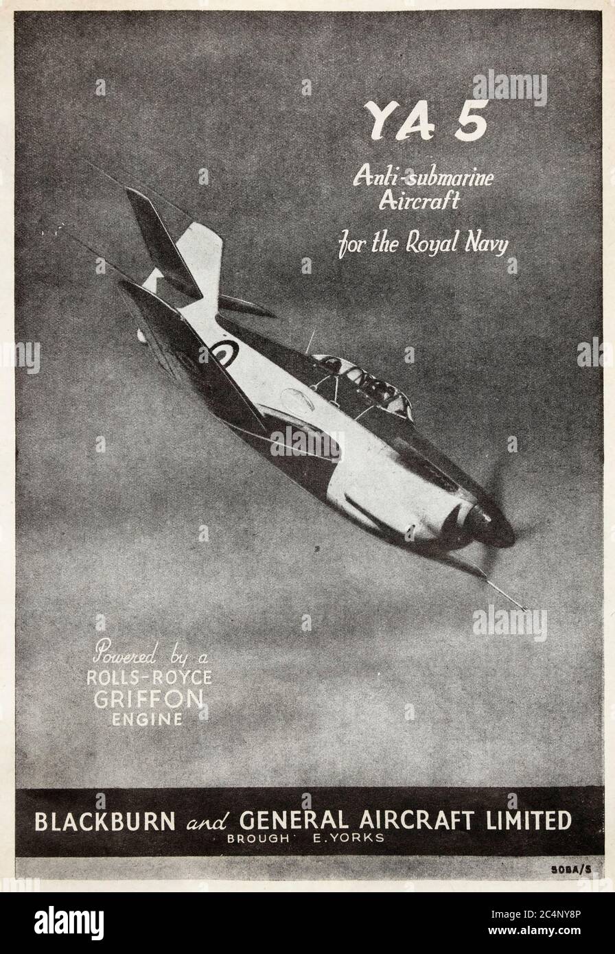 Vintage-Werbung für das britische unterseeische Militärflugzeug Blackburn YA 5 (B 54). Stockfoto