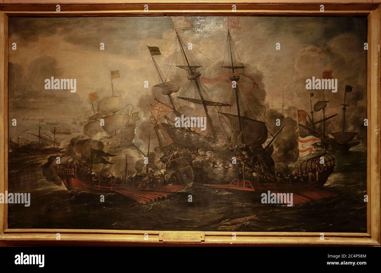 Madrid, Comunidad de Madrid, Spanien, Europa.. Marinemuseum (Museo Naval). Seeschlacht zwischen Spaniern und Türken realisiert von Juan de la Corte (1597-1660), Öl auf Leinwand. Stockfoto