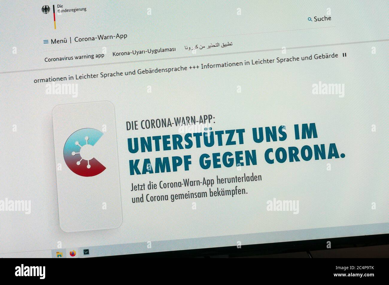 Website der Corona-Warn-App die deutsche Coronavirus COVID-19 Kontaktverfolgungs-App. Stockfoto