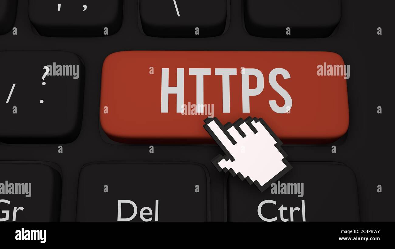 3D-Rendering-Darstellung der HTTPS-Tastaturtaste, die für Hypertext Transfer Protocol Secure steht Stockfoto