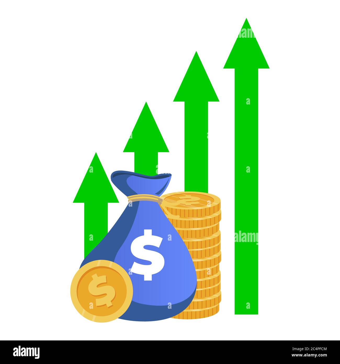 Finanzierung, Kapitalwachstum. Vektor Finanzzinsen, Einnahmen und Erträge, erhöhen Fonds, verdienen Wachstum, Finanzierung Sack Raising Illustration Stock Vektor