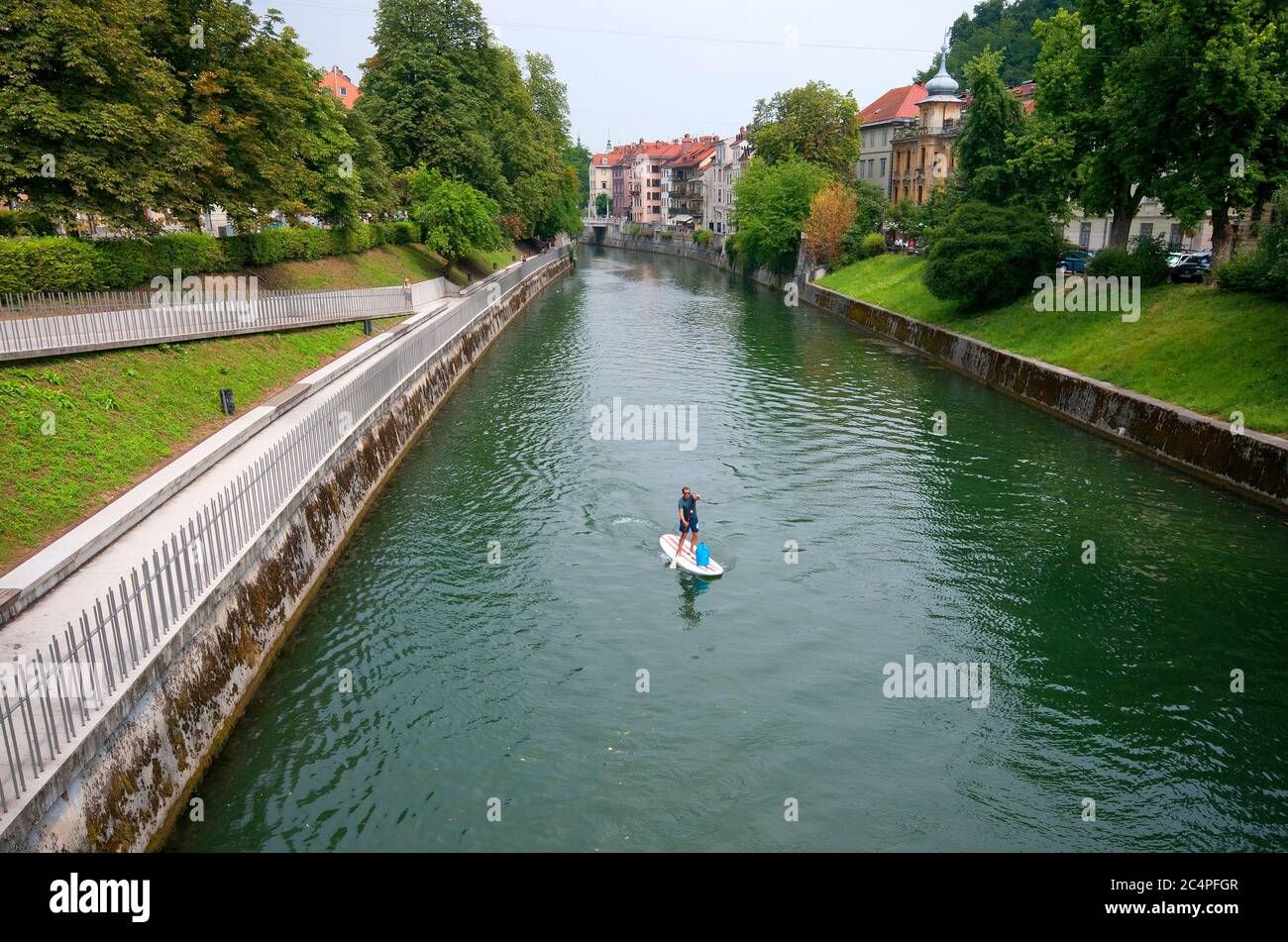 Mann steht auf Paddeltouren auf dem Fluss Ljubljanica, Ljubljana, Slowenien Stockfoto