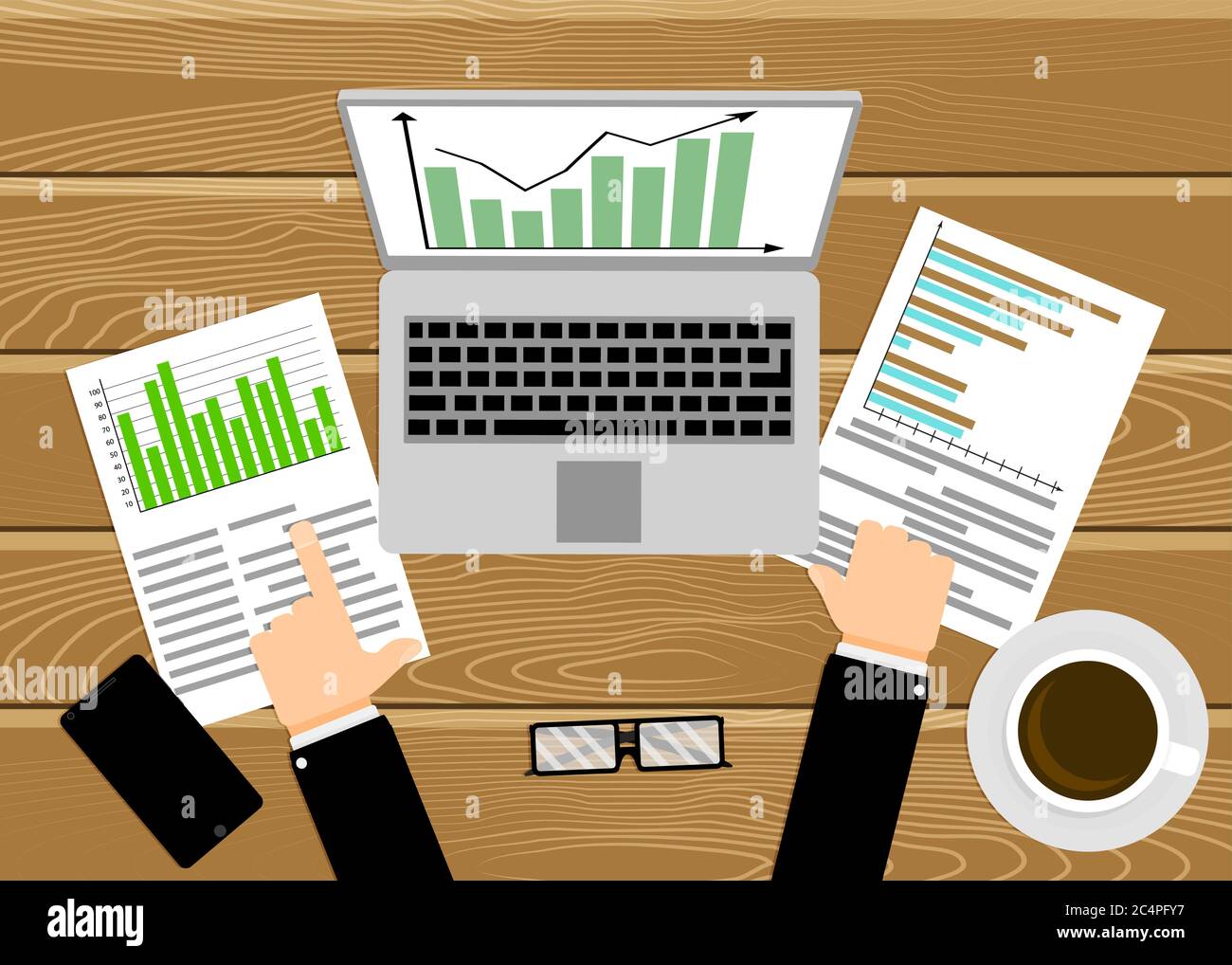 Geschäftsmann analysiert die wirtschaftliche Rate, Arbeitsplatz mit Laptop. Chart Wachstum, Grafik analysieren Markt, Forschung am Computer, Strategie Gewinn, Überwachung auf d Stock Vektor