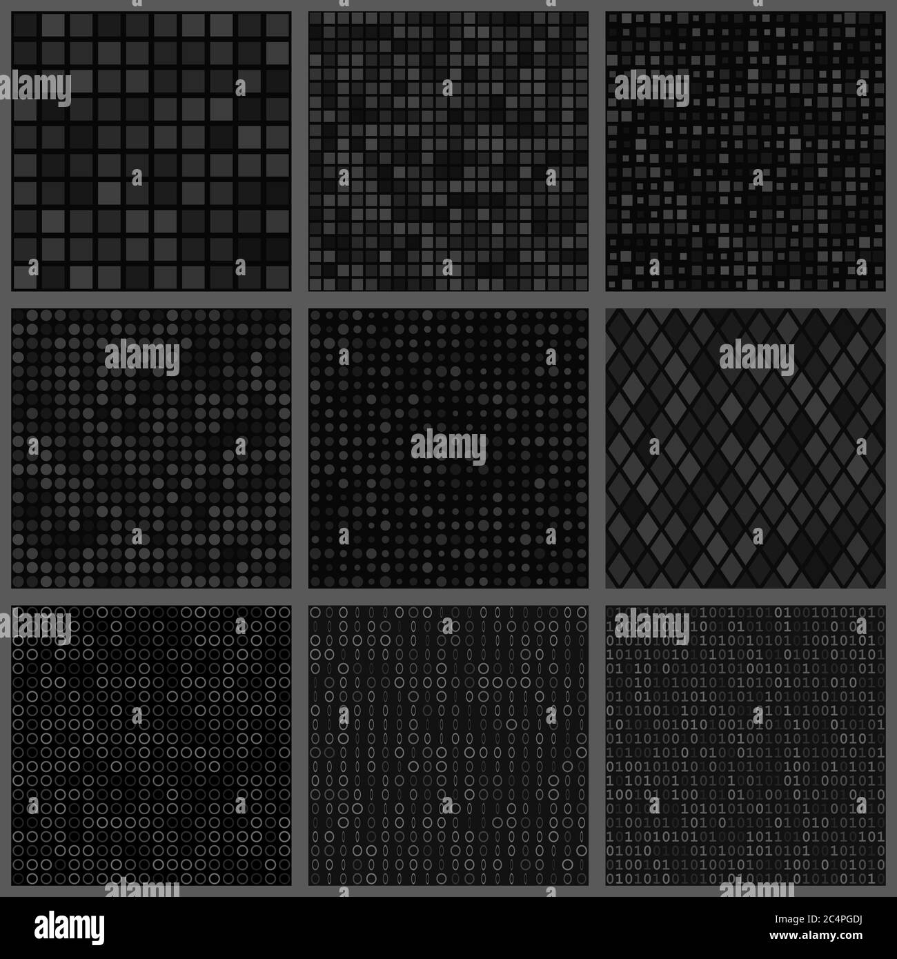 Satz von abstrakten nahtlosen Mustern von kleinen Elementen oder Pixeln verschiedener Formen in schwarzen Farben Stock Vektor