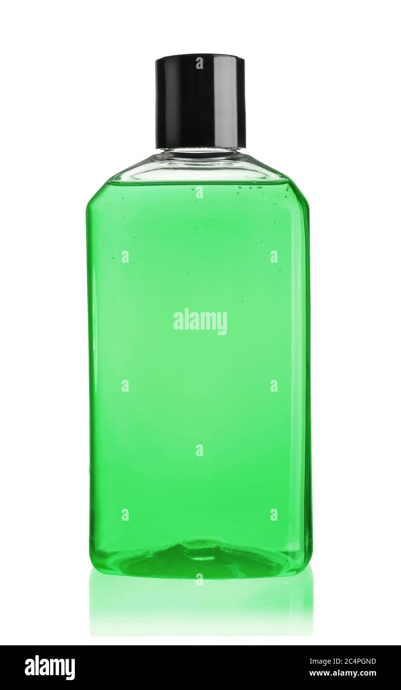 Plastikflasche von grünem Duschgel isoliert auf weiß. Stockfoto
