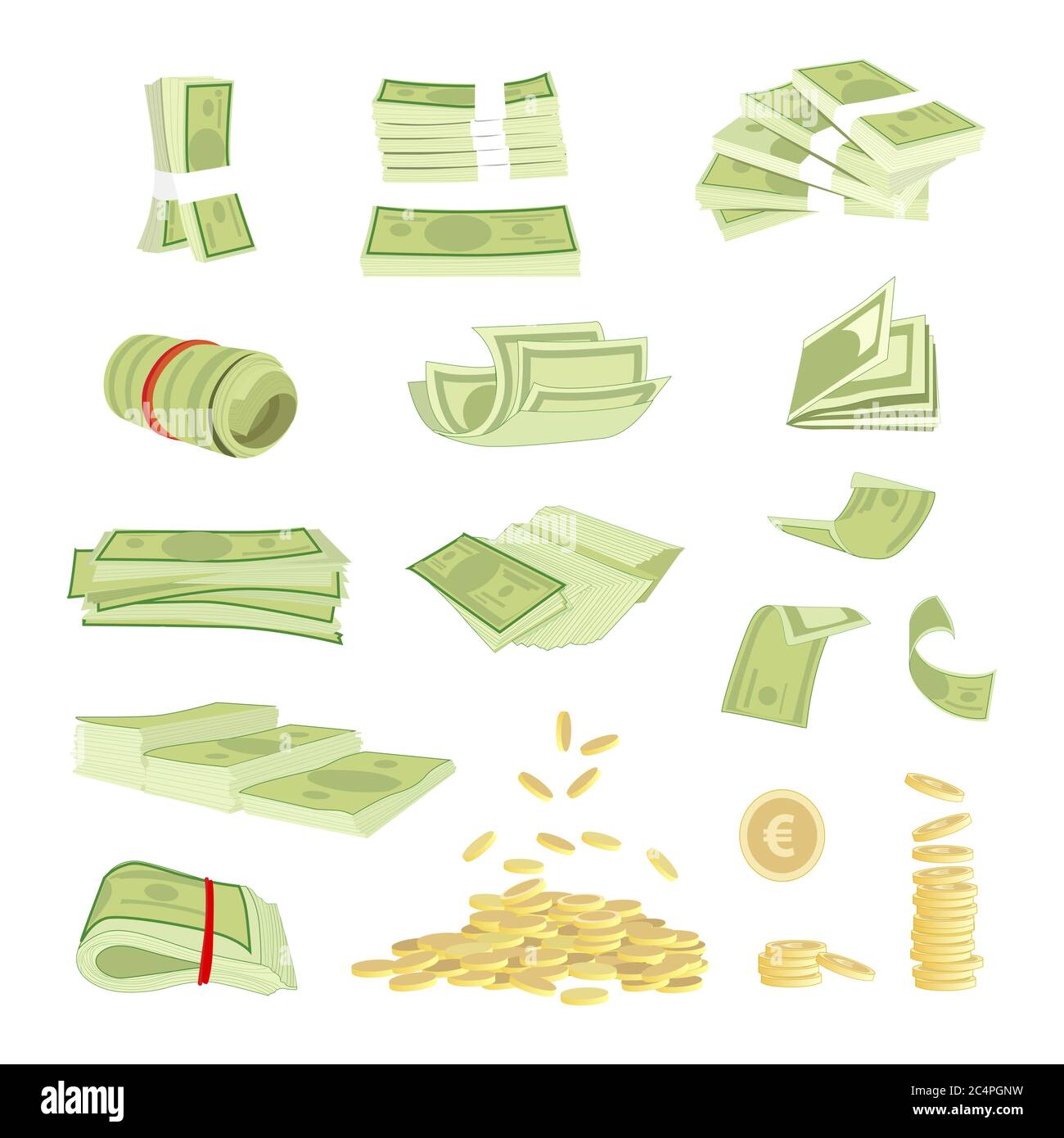 Geld Bargeld Banknoten Währung Vektor Illustration. Verschiedene Geldscheine Dollar, Papier Banknoten und Gold Euro Münzen. Sammlung von Cash-Heap Haufen, rol Stock Vektor
