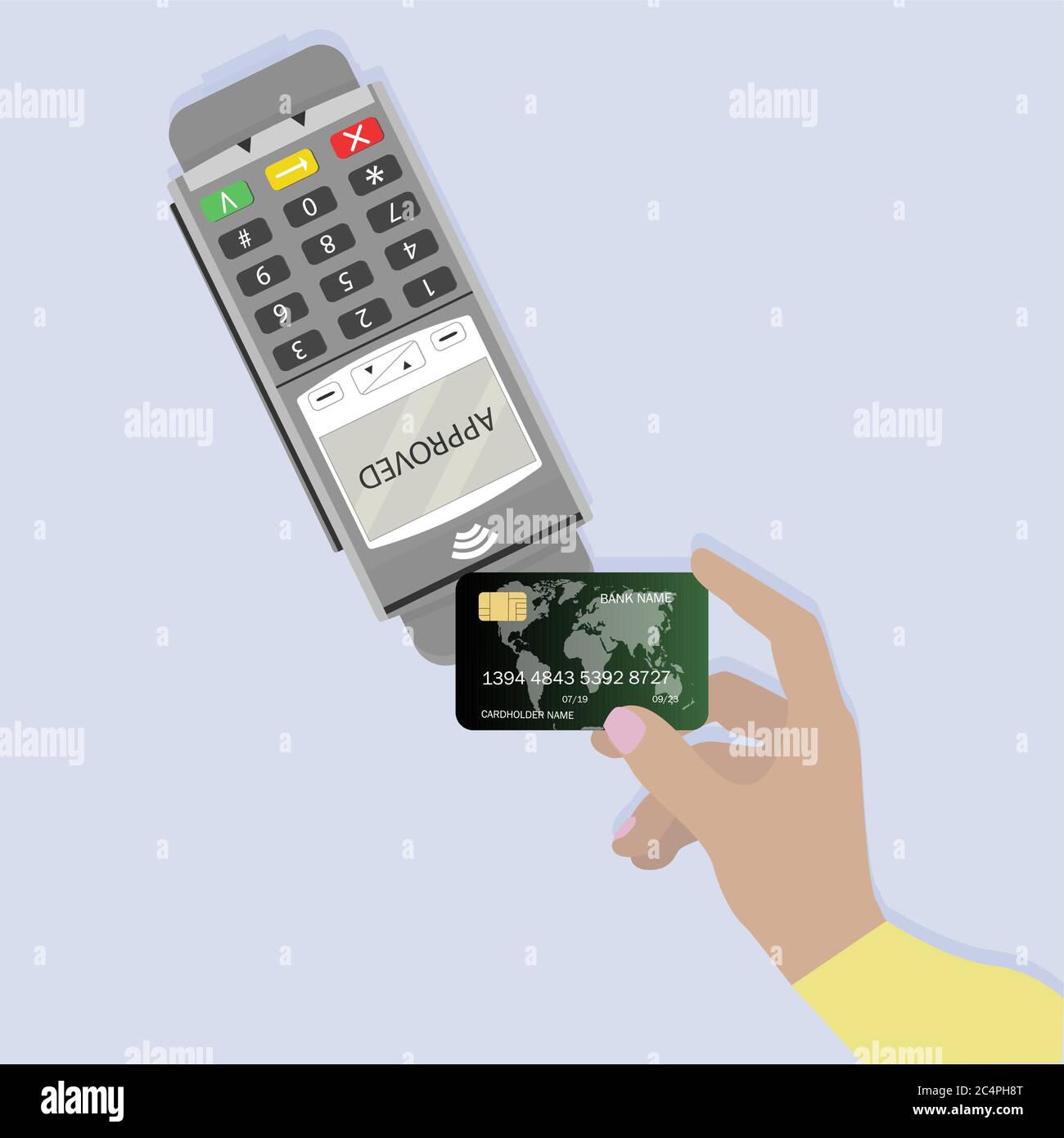 Kontaktlose Bezahlung, Pay-Pass verwenden Karte und Terminal. Bezahlung und Zahlung POS Terminal, Kredit elektronische nfc, Banking-Transaktion online, moderne Bank Serv Stock Vektor