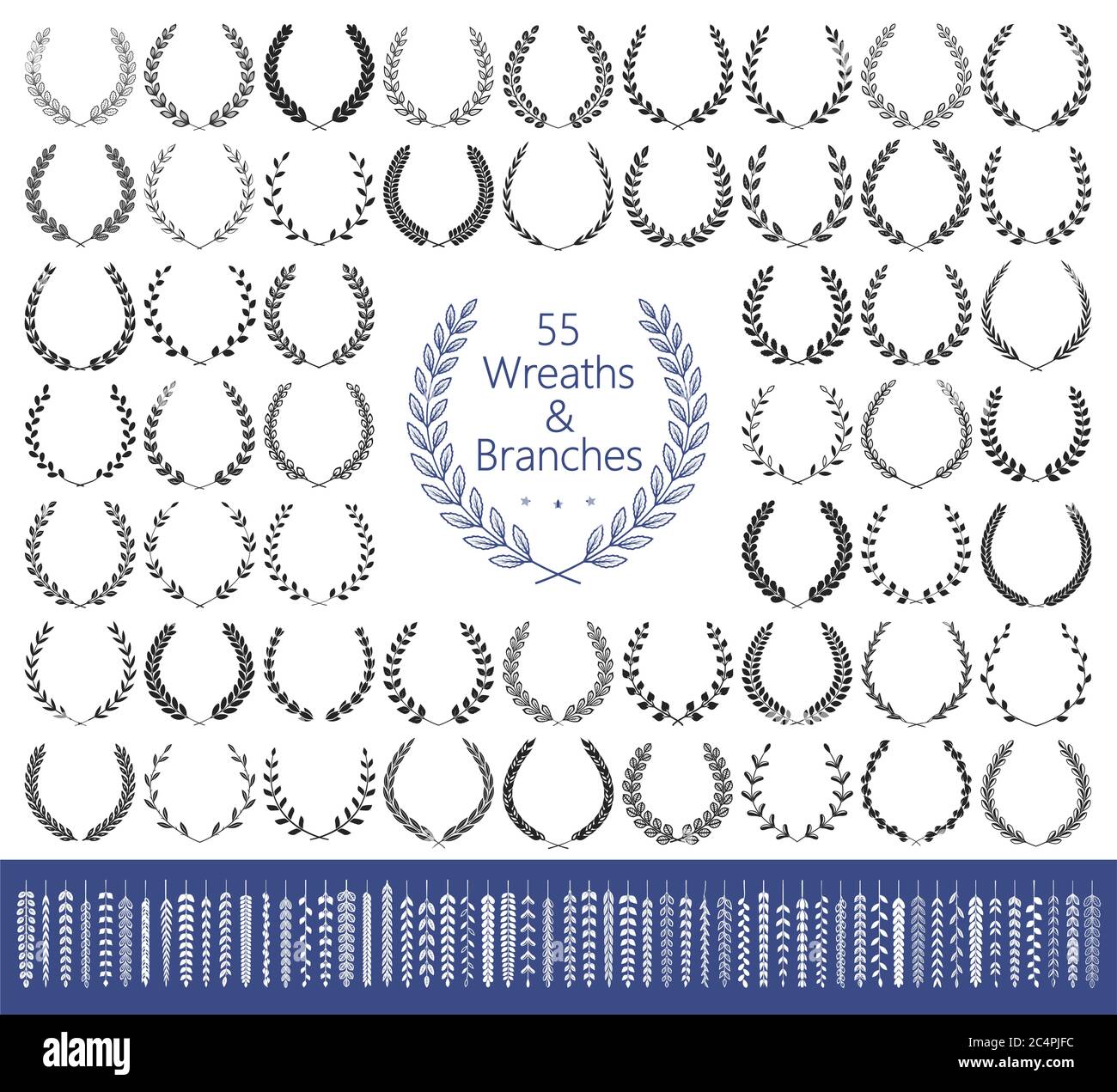 55 Kränze und Äste gesetzt. Vektorgrafik. Laurel Kränze Sammlung. Stock Vektor