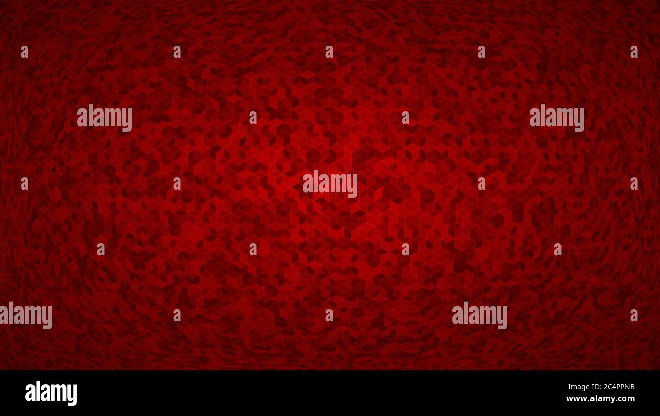 Abstrakter Hintergrund von kleinen isometrischen Würfeln in roten Farben mit Fischaugen-Effekt. Stock Vektor