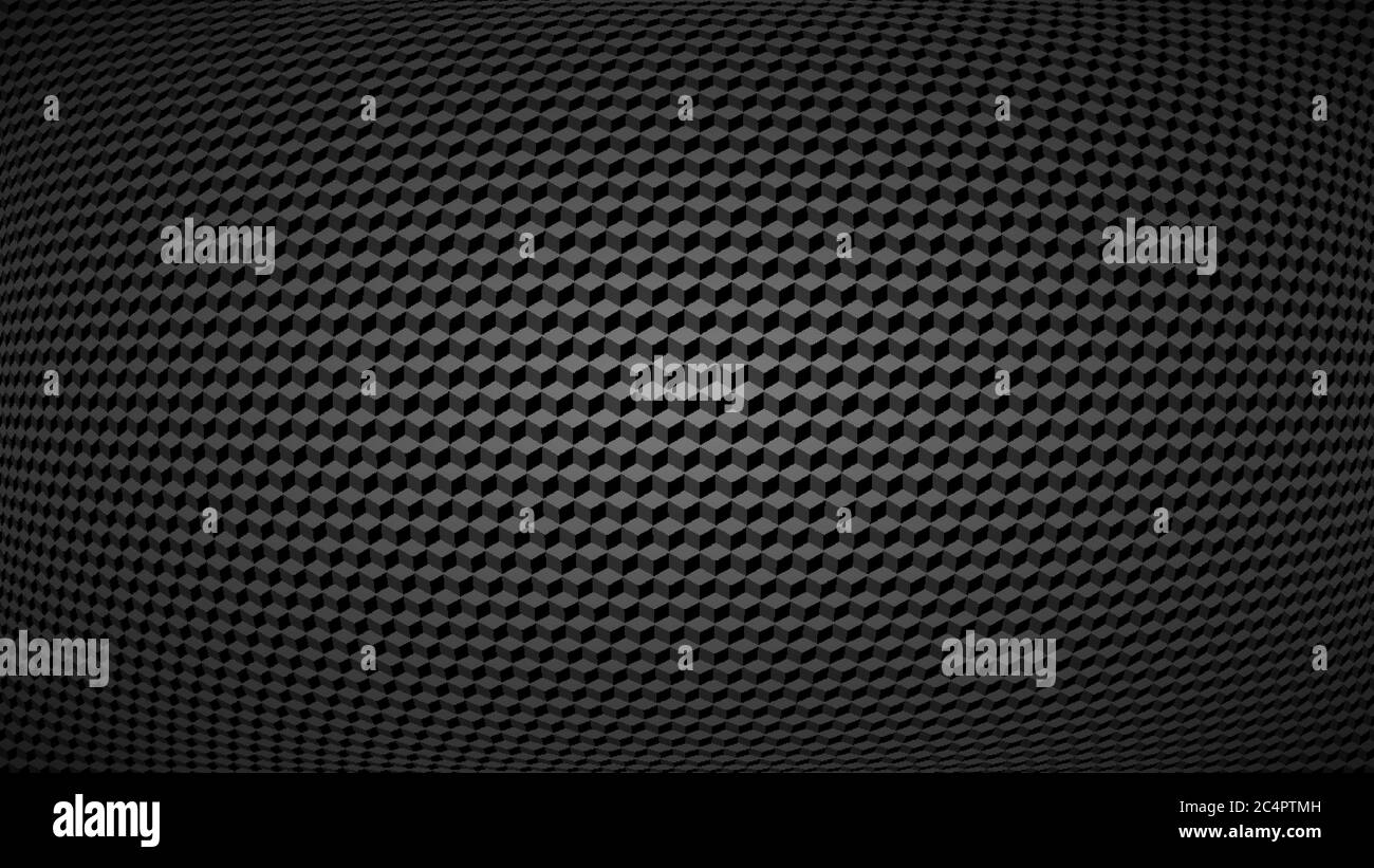 Abstrakter dunkler Hintergrund von kleinen isometrischen Würfeln in Schwarz- und Grautönen mit Fischaugen-Effekt. Stock Vektor