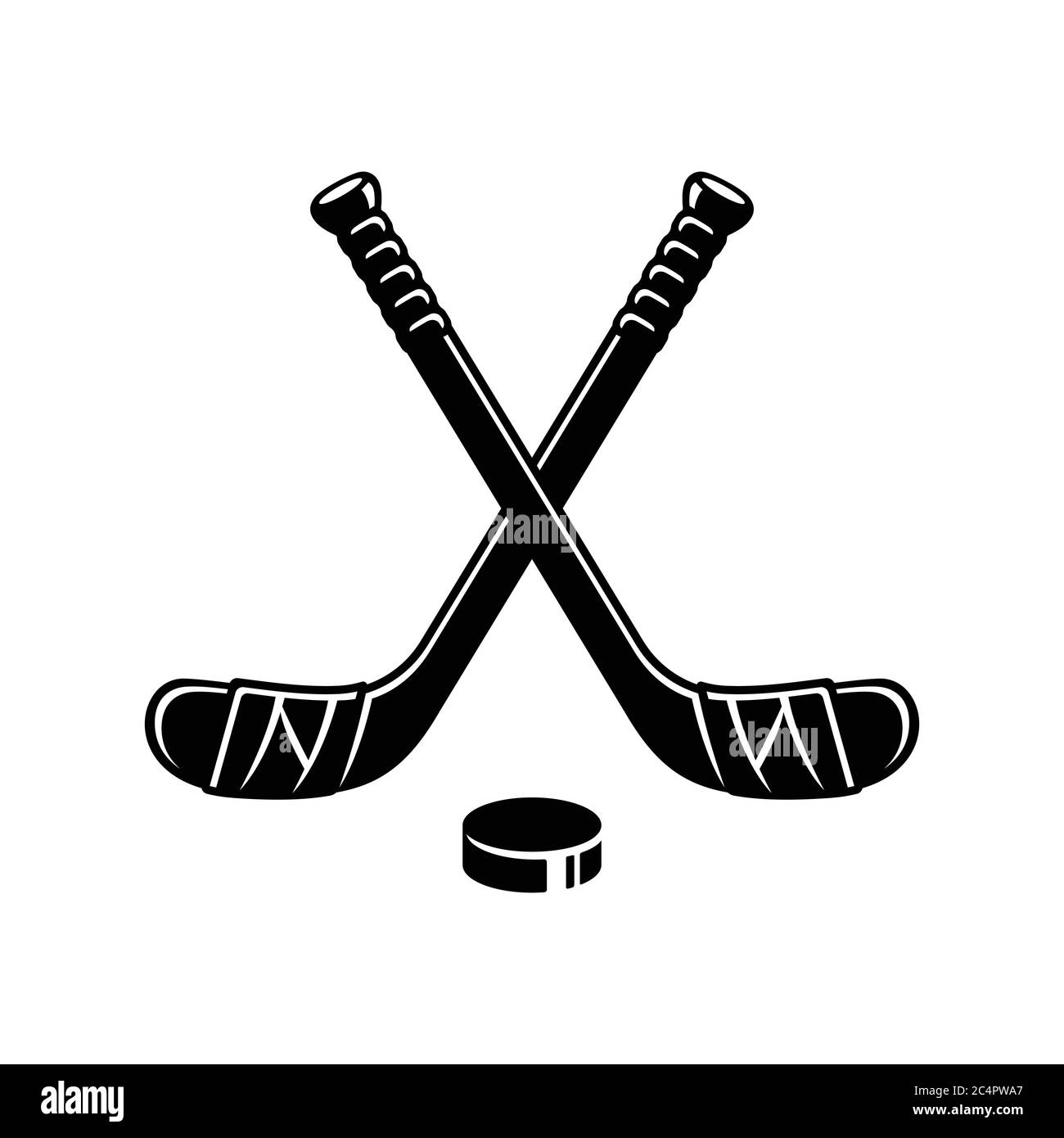 Eishockey-Logo, zwei gekreuzte Hockeyschläger und Puck. Minimale Silhouette, einfache schwarz-weiß Vektor Clip Art Illustration. Stock Vektor
