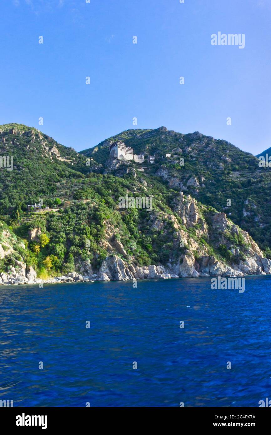 Simonos Petra Kloster, Berg Athos, Ansicht des orthodoxen Klosters, Griechenland Stockfoto