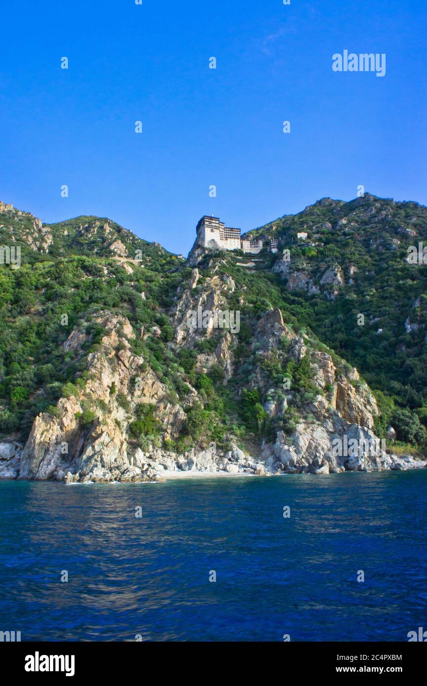 Simonos Petra Kloster, Berg Athos, Ansicht des orthodoxen Klosters, Griechenland Stockfoto