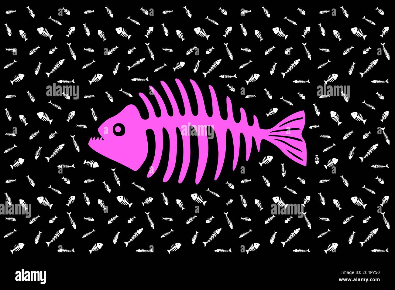 Schöner Hintergrund mit rosa Silhouette Piranha Skelett und weißem Muster mit anderen Fischknochen auf schwarzem Hintergrund Stock Vektor