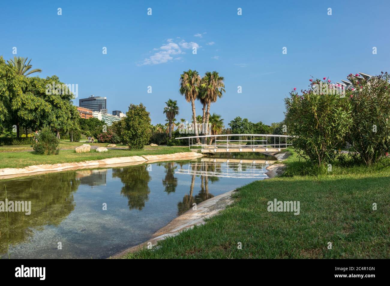 Valencia Gärten im alten trockenen Flussbett des Turia Flusses, Wasserspiegelung. Freizeit- und Sportbereich Stockfoto