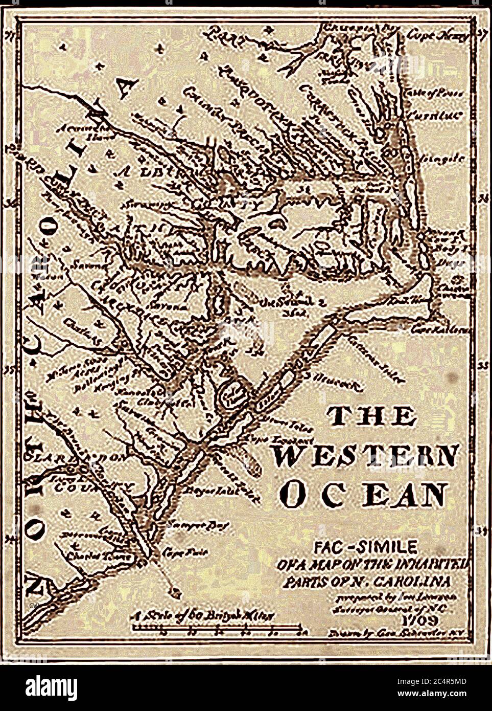 Eine Karte der bewohnten Teile von North Carolina, USA, 1709. Ab Ende des 16. Jahrhunderts ging die Siedlung in North Carolina von der Migration Virginias aus, zuerst in die Albemarle-Region, dann in den Pamlico-Bezirk. Die dünn besiedelte Provinz bildete eine Hauptstadt in Edenton, sondern sah Jahre des Konflikts mit der einheimischen indischen Bevölkerung, wurden schließlich dezimiert. Stockfoto