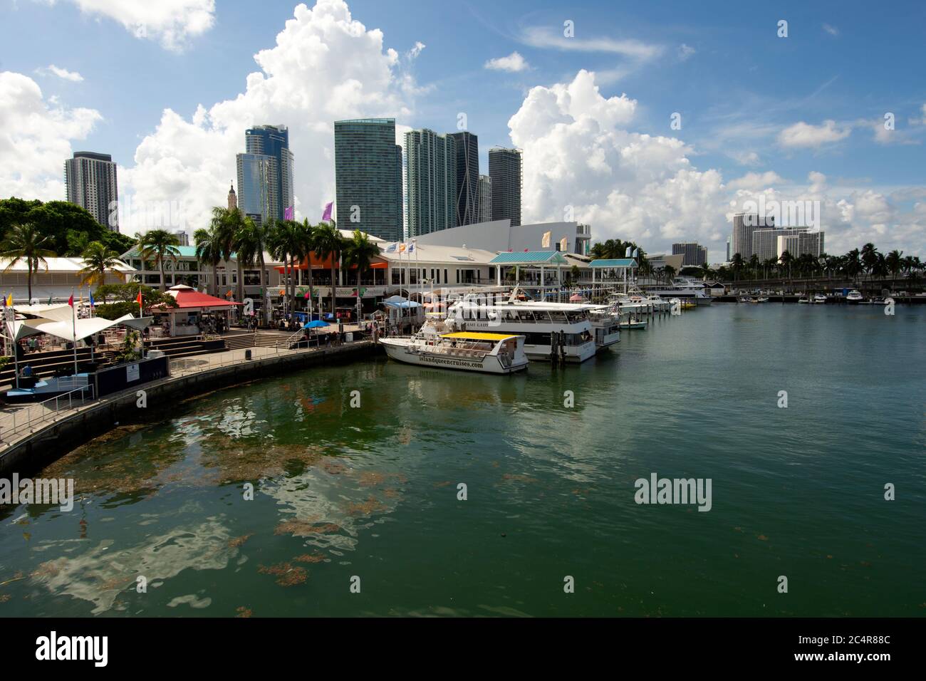 Die Boote dockten am Bayside Market Pier mit der Skyline von Miami, Miami, Florida, USA Stockfoto