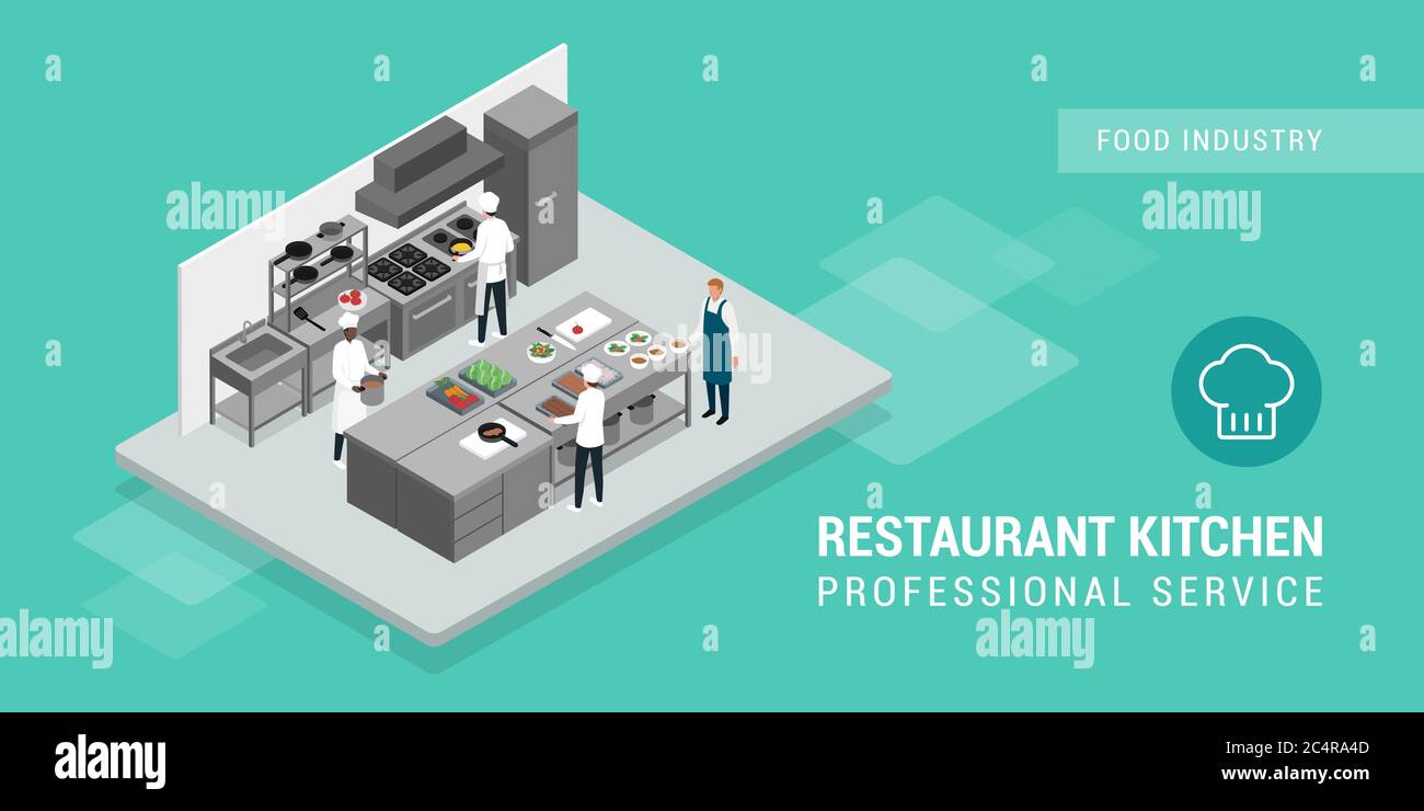 Professionelle Köche arbeiten in der Restaurantküche und Kellner beim Speisen Stock Vektor