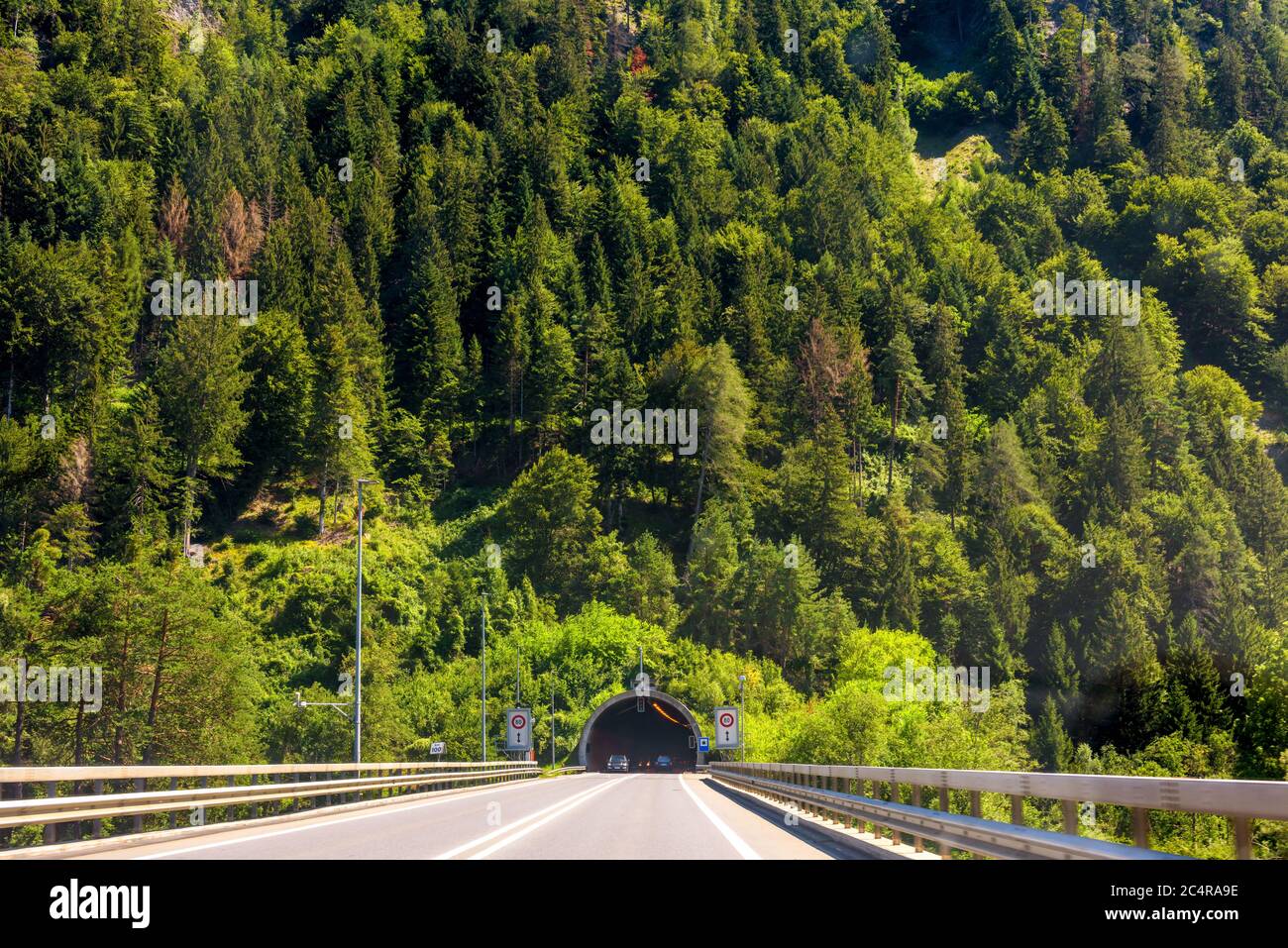 Straßentunnel in den Alpen, Schweiz. Panoramablick auf den Eingang des Tunnels in den Alpen. Schweizer Landschaft mit Autobahn und Bergwald für Stockfoto