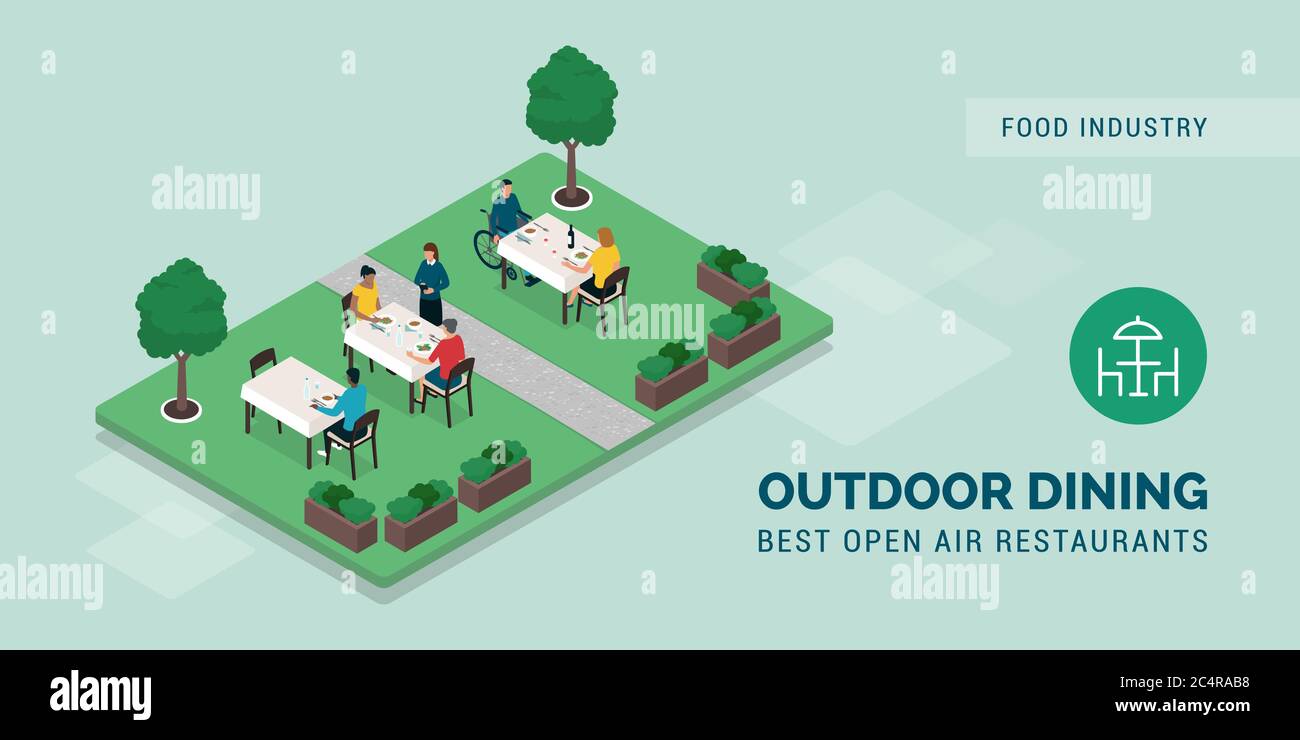 Restaurant im Freien: Leute, die draußen in einem schönen Garten essen und Kellnerin, die Bestellungen entgegennimmt Stock Vektor
