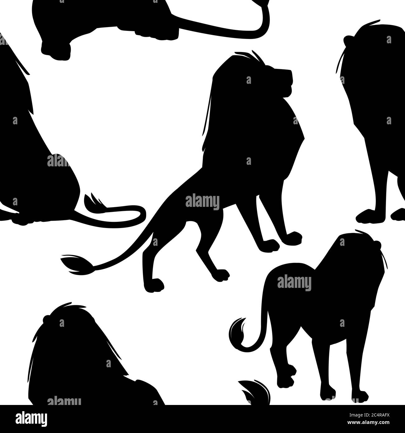 Schwarze Silhouette nahtlose Muster der männlichen stolz leistungsstarke niedliche Löwe Charakter Cartoon-Stil Tier-Design flache Vektor-Illustration auf weißem Hintergrund Stock Vektor
