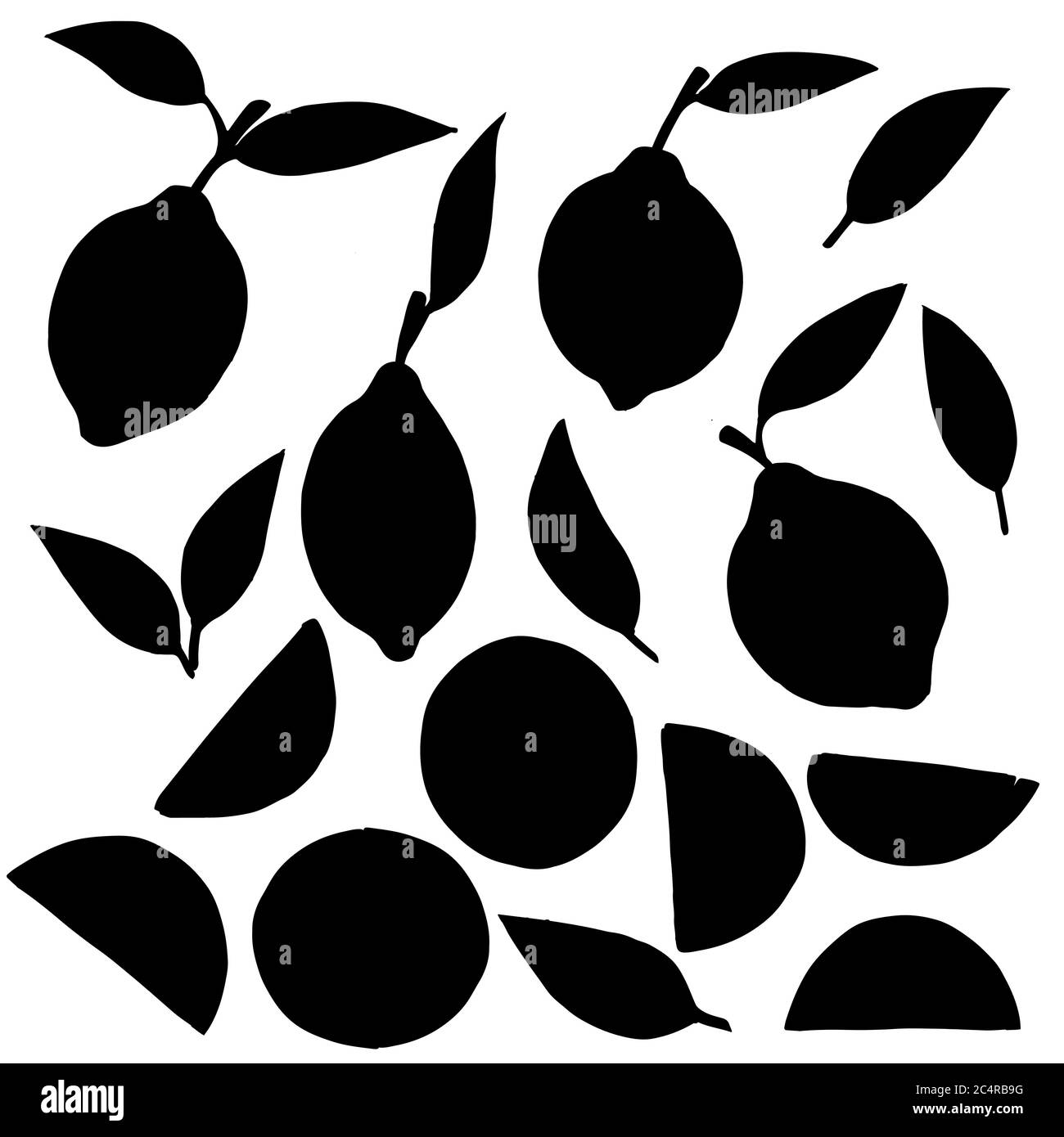 Schwarze Silhouette Satz Zitrone Zitrusfrüchte ganze halbiert und geschnitten mit Blättern flach Vektor-Illustration auf weißem Hintergrund Stock Vektor