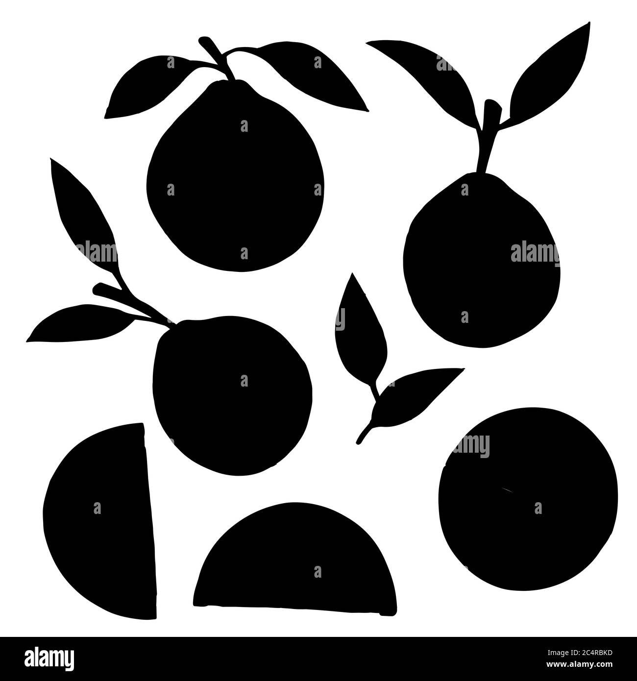 Schwarze Silhouette Satz von orangen Zitrusfrüchten ganze halbiert und geschnitten mit Blättern flach Vektor-Illustration auf weißem Hintergrund Stock Vektor