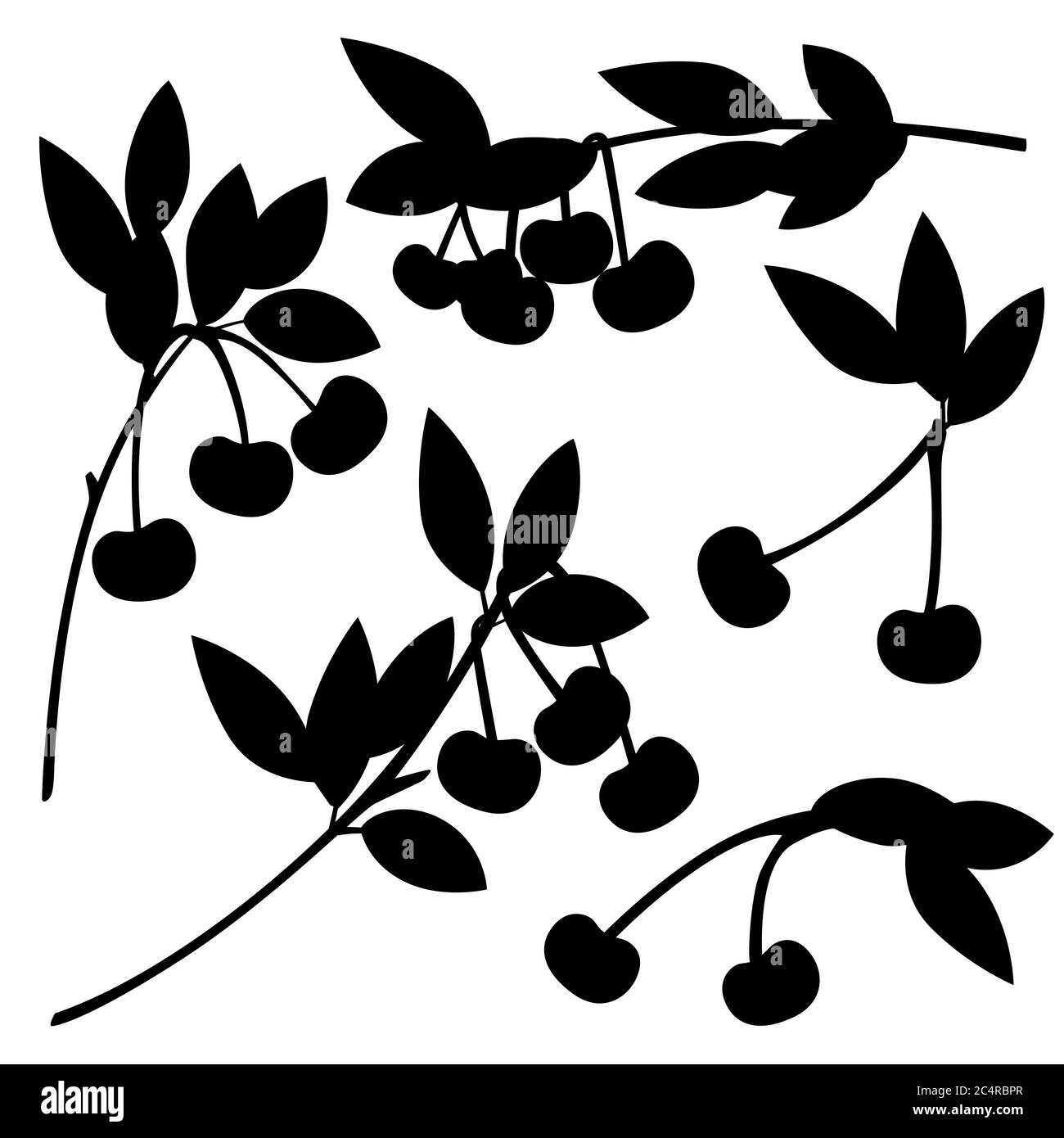 Schwarze Silhouette Satz von Kirsche auf Ästen mit Blättern flache Vektor-Illustration isoliert auf weißem Hintergrund Stock Vektor