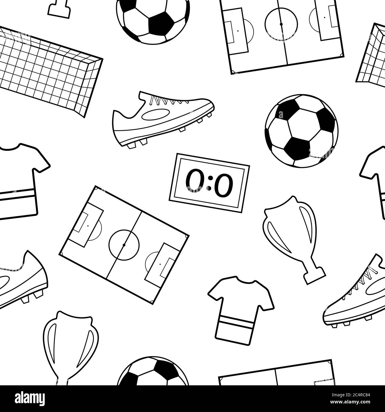 Nahtloses Muster von Fußball-Symbolen, schwarz auf weiß Stock Vektor