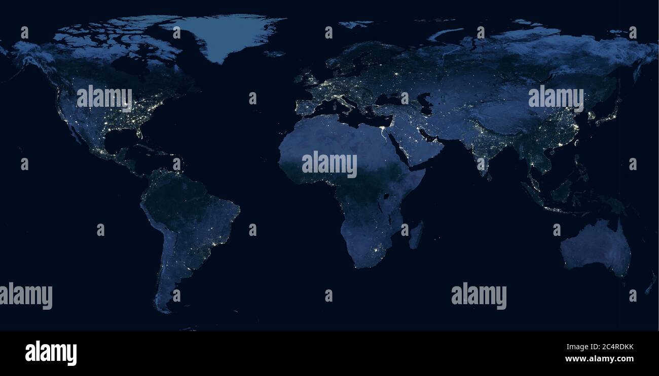 Erde bei Nacht, Blick auf die Lichter der Stadt, die menschliche Aktivitäten in Nordamerika, Europa und Ostasien aus dem All zeigen. Dunkle Weltkarte auf dem globalen Satellitenfoto Stockfoto