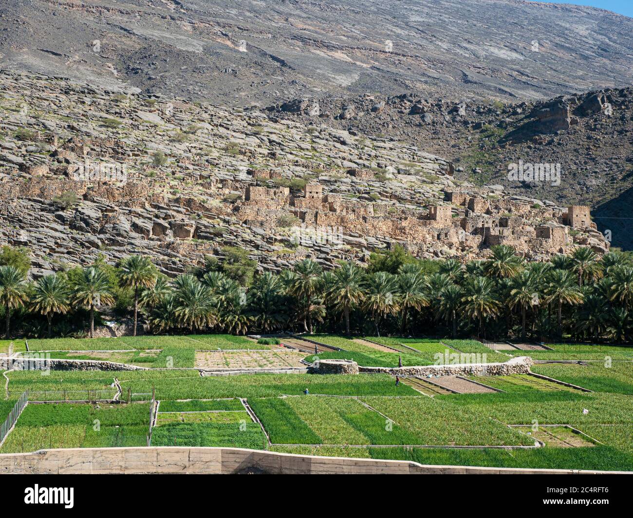 Wadi Ghul, ein verlassenes Dorf, das nordwestlich von Al Hamra, dem Sultanat von Oman, liegt. Stockfoto