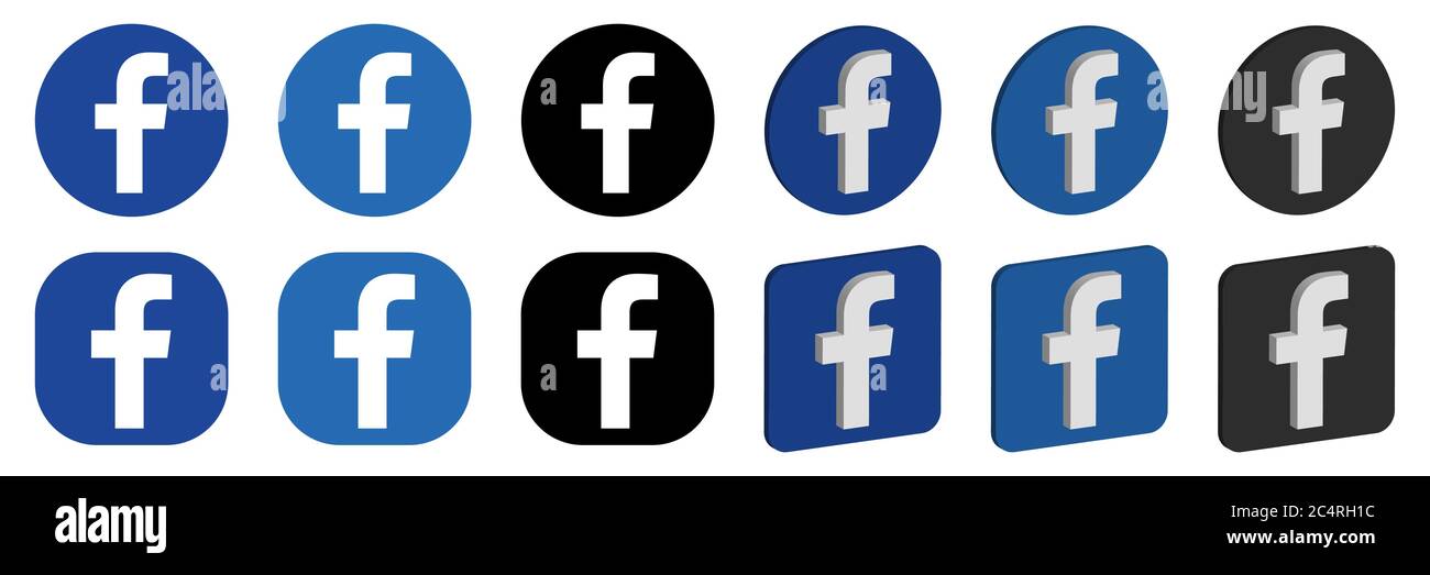 VORONEZH, RUSSLAND - 16. JANUAR 2020: Set von Facebook-Logo rund und quadratisch, flach und isometrisch Symbole in blau und schwarz Farben Stock Vektor