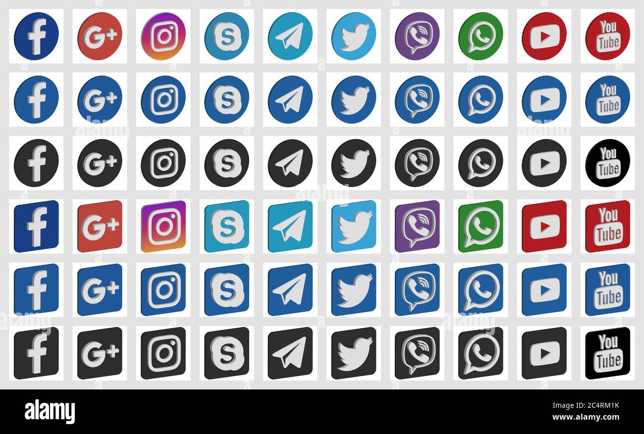 VORONESCH, RUSSLAND - 8. APRIL 2020: Set von runden und quadratischen isometrischen Social Media-Icons in Standard-und schwarzen Farben. Facebook, Twitter, Instagram, Du Stock Vektor
