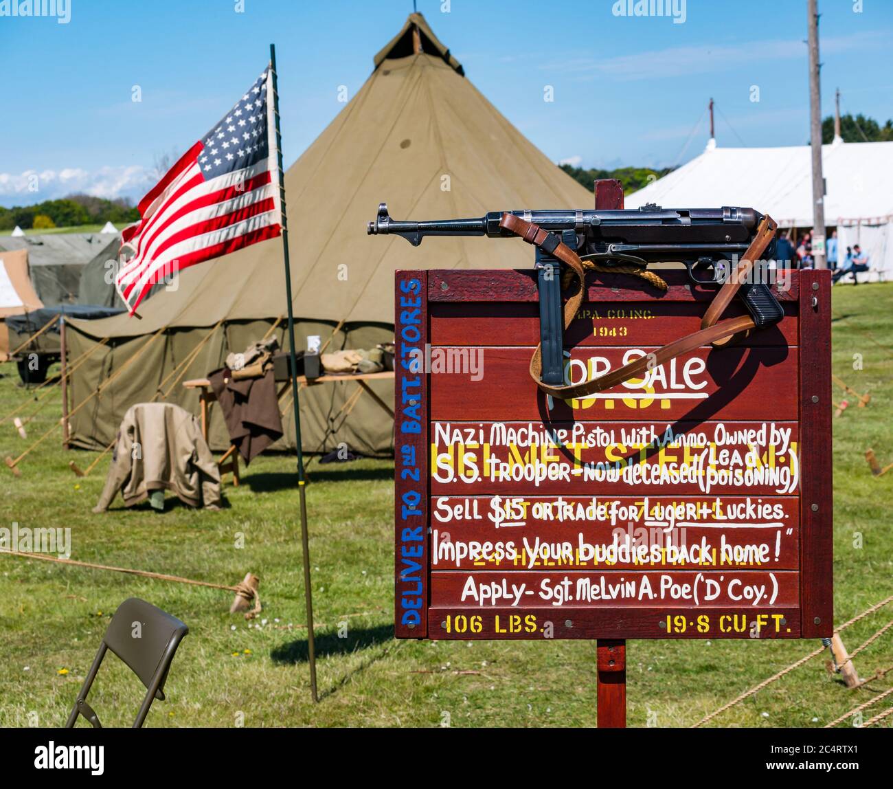 Nazi-Maschinenpistole beworben zum Verkauf, Kriegserfahrungen Ereignis, East Fortune, East Lothian, Schottland, Großbritannien Stockfoto