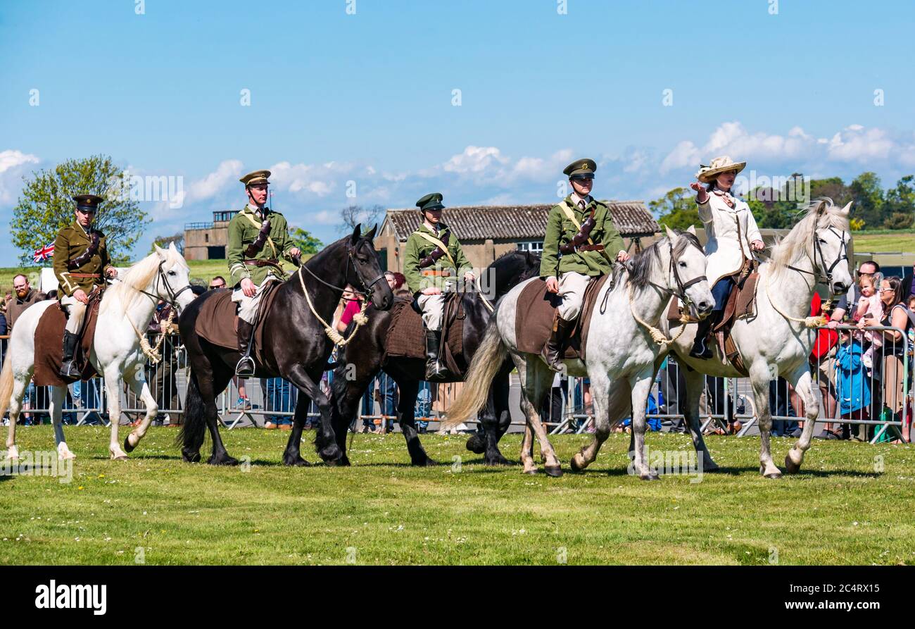 Les Amis D'Onno Pferdestunt Team Leistung mit Reiten im Krieg Veranstaltung, East Fortune, East Lothian, Schottland, Großbritannien Stockfoto